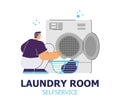 Man loading or taking clothes from washing machine in laundry room, flat vector illustration isolated on white. Royalty Free Stock Photo