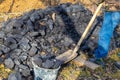 A man loads coal into a bucket with a shovel. Heating a country house during the cool season in autumn and winter Royalty Free Stock Photo