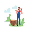 Man Logger Cutting Trees. Lumberjack Character with Axe on Shoulder in Forest. Wood Industry Worker, Deforestation Royalty Free Stock Photo