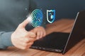 Man login with fingerprint scanning technology. Security concepts and fingerprint password control in the technology of the future