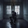 Man in a lonely dark and scary room. Crying and fearing. concept of depression, nightmares, and grief. Created with AI