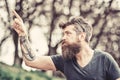 Man with long beard and mustache pointing upwards with finger, defocused background. Guy looks cool with stylish beard Royalty Free Stock Photo