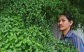 A man with a Long hair and a mustache peeking out from the bushes of Terminalia ivorensis Chev