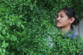 A man with a Long hair and a mustache peeking out from the bushes of Terminalia ivorensis Chev bedew