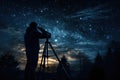 Man looking through a astronomy telescope at the stars at night sky, Royalty Free Stock Photo