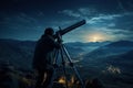 Man looking through a astronomy telescope at the stars at night sky, Royalty Free Stock Photo