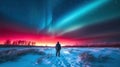 Man looking at aurora borealis in winter landscape. Northern lights. Generative AI