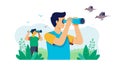 Man Looking Through Binoculars Outdoors Scene, vector design Generative AI Royalty Free Stock Photo