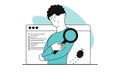 Man looking bug in the code with magnifying glass vector concept illustration. Web software programming and error search in app. Royalty Free Stock Photo