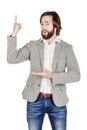 man looking at camera and pointing finger up. image isolated over white background. people, male, business and portrait concept Royalty Free Stock Photo