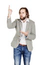 man looking at camera and pointing finger up. image isolated over white background. people, male, business and portrait concept Royalty Free Stock Photo