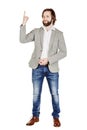 man looking at camera and pointing finger up. image isolated over white background. people, male, business and portrait concept Royalty Free Stock Photo