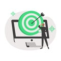 Man looking at computer screen with shooting target and arrow in center. Concept of digital Royalty Free Stock Photo