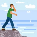 Man looking into future, horizon standing on cliff rock top mountain. Concept of discovery new goals, ideas, exploration