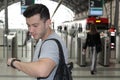 Man looking at his watch in the train station Royalty Free Stock Photo