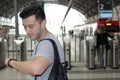 Man looking at his watch in the train station Royalty Free Stock Photo