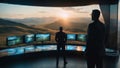 Man looking at a huge screen with futuristic scifi user interface. Highly detailed and realistic concept design illustration