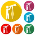 Man looking through huge telescope icon or logo, color set with long shadow