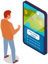 Man looking at informational screen map with marks. Person analyses zero waste station in mobile app Royalty Free Stock Photo