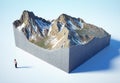 Man looking at an isometric mountain. Wanderlust and adventure concept