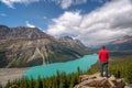 Man looking at Peyto lake on Icefields Parkway in Banff National Park, Alberta, Rocky Mountains Canada Royalty Free Stock Photo