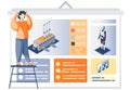 Man looking at presentation poster with description of Industry automation factory robot-driven