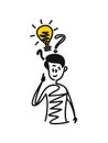 Man looking at the question marks with light idea bulb, Cartoon