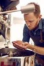 Man looking at roasted coffee beans from a roasting machine Royalty Free Stock Photo