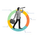 Man looking in spyglass over multicolored chart. Forecasting, market analysis and planning, strategic vision