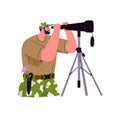 Man looking through spyglass, watching for smth and observing. Nature explorer with telescope on tripod exploring and