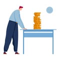 Man looking at stacked coins on table, time management, financial planning concept. Wealth growth and savings