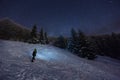 Man is looking on stars in night winter forest, beautiful background, Donovaly, Slovakia