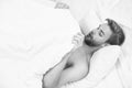 Man looking under blanket. Morning wood formally known nocturnal penile tumescence common occurrence. Male reproductive Royalty Free Stock Photo