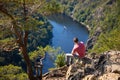 Man looking on view of Vltava river horseshoe shape meander from Maj viewpoint, Czech Republic Royalty Free Stock Photo