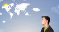 Man looking at world clouds and sun on blue sky Royalty Free Stock Photo