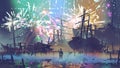 Man looking at wreck ships and fireworks