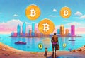 A man looks at the city of dreams where there is a financial cryptocurrency system
