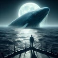 a man looks at an enormous blue whale on a full moon night