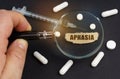 A man looks through a magnifying glass at pills, a syringe and a piece of paper with the inscription - Aphasia