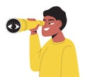 Man looks through spyglass, monocular. Business metaphor concept vector for UI. Online search, catalog folder optimization