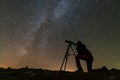 a man looks through a telescope on a tripod at the starry sky Royalty Free Stock Photo