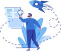 Man with loupe looking for information in text document. Rocket as symbol of startup launch Royalty Free Stock Photo