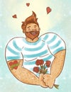 Man in love holding a bouquet in his hands