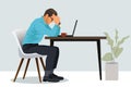 man with low energy sits at the table with laptop, overworked and needs help and rest. Burnout at workspace. isolated on light