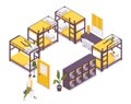 A man with luggage goes to bed at hostel. Hostel isometric set with bunk beds and lockers 3d interior example in vibrant colors