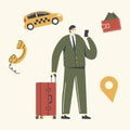 Man with Luggage Standing on Street Calling or Using Application for Ordering Taxi. Customer Male Character Waiting Car Royalty Free Stock Photo