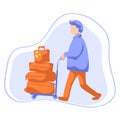 Man with luggage trolley flat style illustration. Tourist with many travel cases. Travelling man