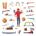 Man Lumberjack in Red Shirt and Wood Chopping Equipment Vector Set