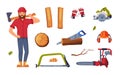 Man Lumberjack in Red Shirt and Wood Chopping Equipment Vector Set