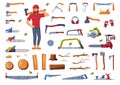 Man Lumberjack in Red Shirt and Wood Chopping Equipment Vector Set